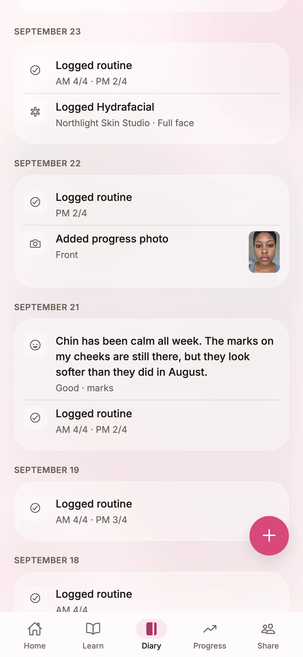 The Glow diary: a dated list of the routines logged, the treatments had, the photos taken and the notes written.