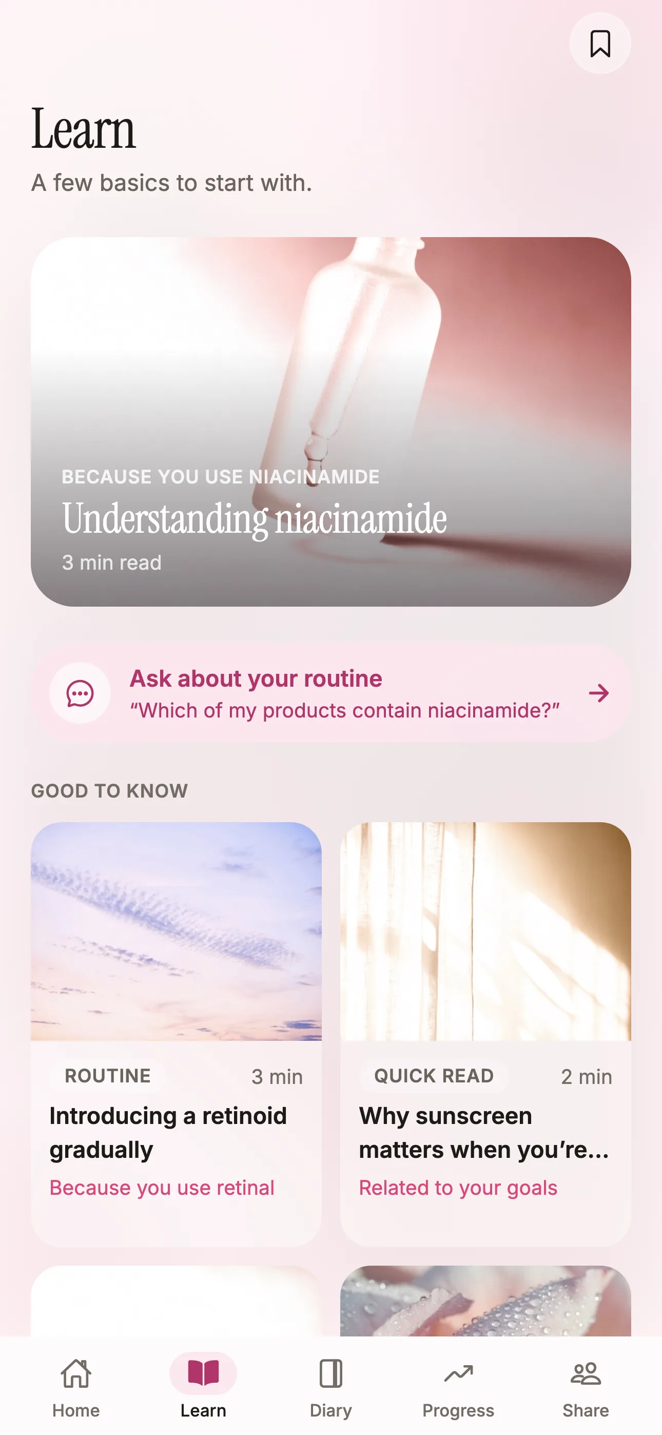 The Learn tab in Glow, suggesting short reads chosen from the ingredients already in your own routine.
