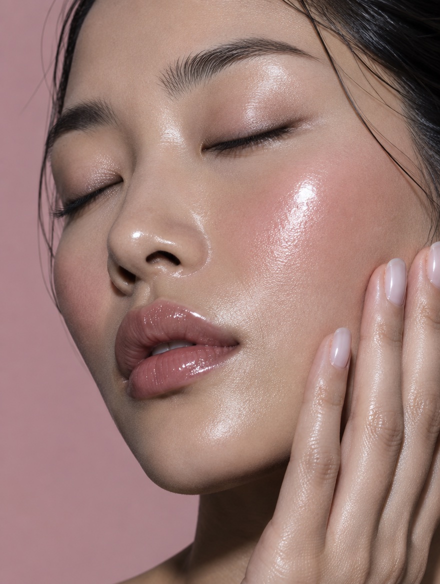 Glossy, hydrated skin in soft light